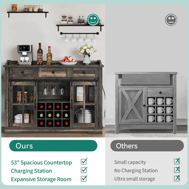 Meuble buffet de ferme avec porte coulissante style grange, porte-bouteilles et prise USB