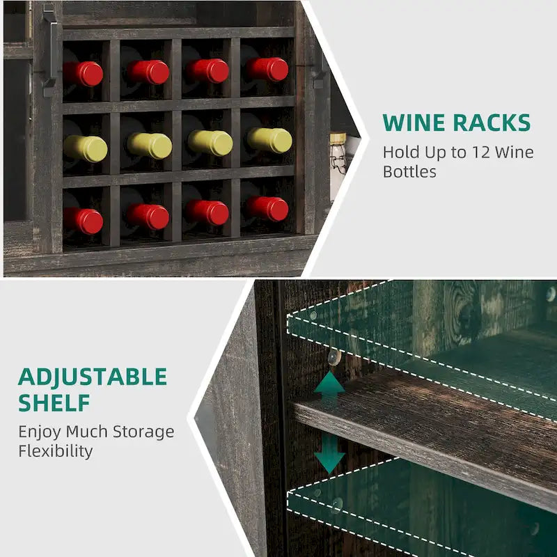 Meuble buffet de ferme avec porte coulissante style grange, porte-bouteilles et prise USB