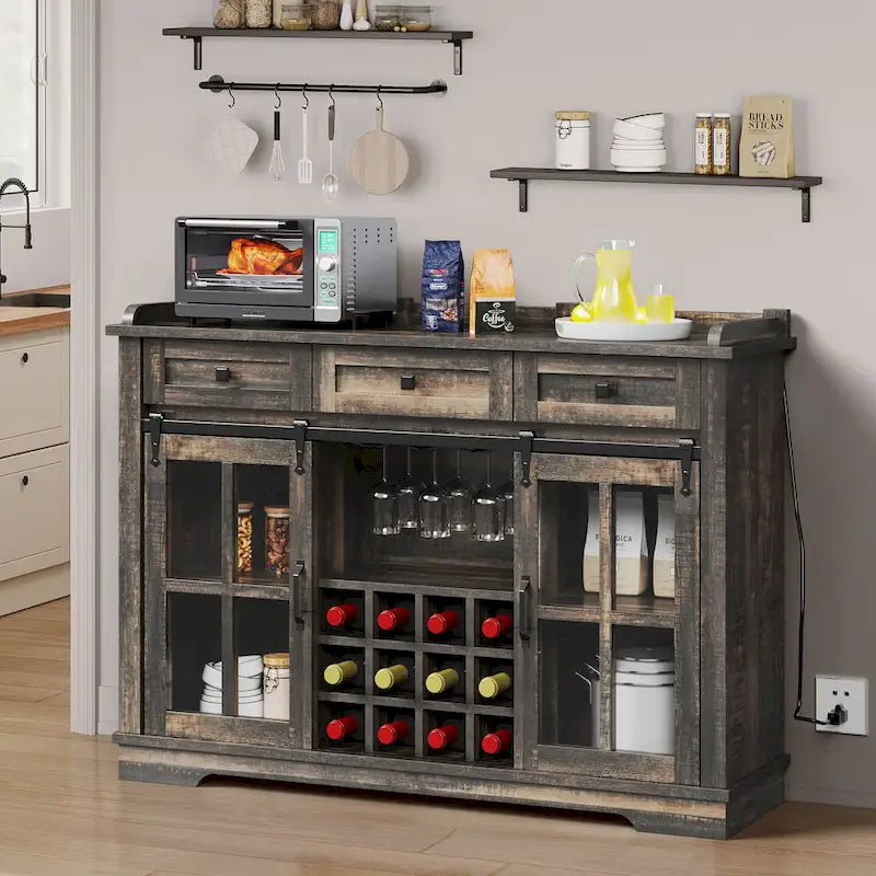 Meuble buffet de ferme avec porte coulissante style grange, porte-bouteilles et prise USB