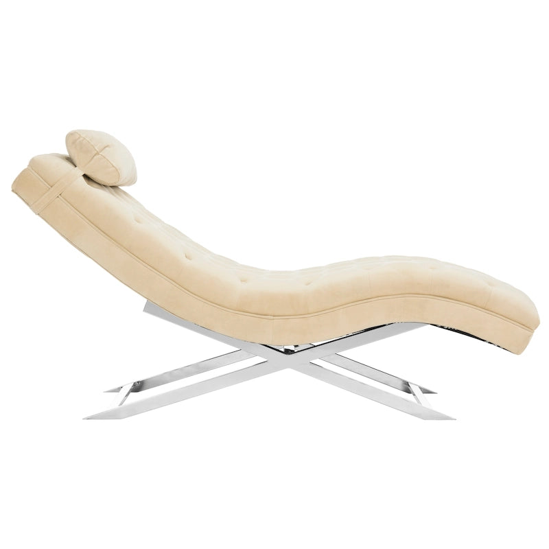 Chaise longue en velours avec base chromée et coussin rond