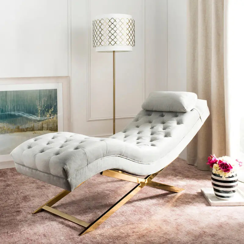 Chaise longue en velours avec base chromée et coussin rond
