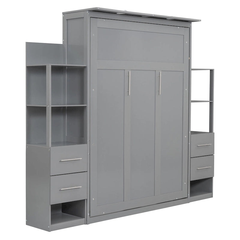 Full Size Murphy Bed Wall Bed with Shelves,Drawers and LED Lights