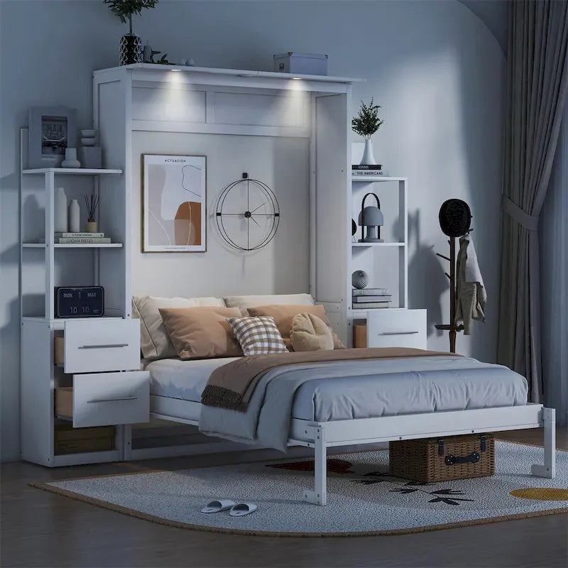 Lit escamotable mural avec étagères, tiroirs, lumières LED Blanc Gris