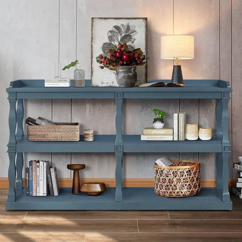 Console de rangement ouverte à 3 niveaux avec pieds en colonnes romaines, bleu marine