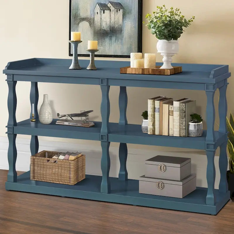 Console de rangement ouverte à 3 niveaux avec pieds en colonnes romaines, bleu marine