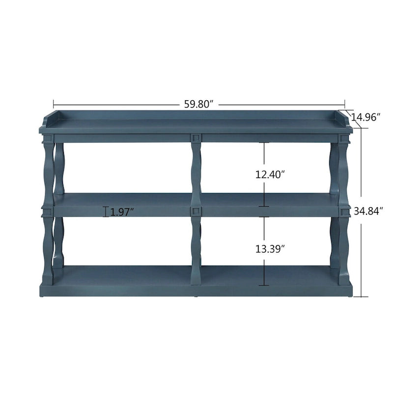 Console de rangement ouverte à 3 niveaux avec pieds en colonnes romaines, bleu marine