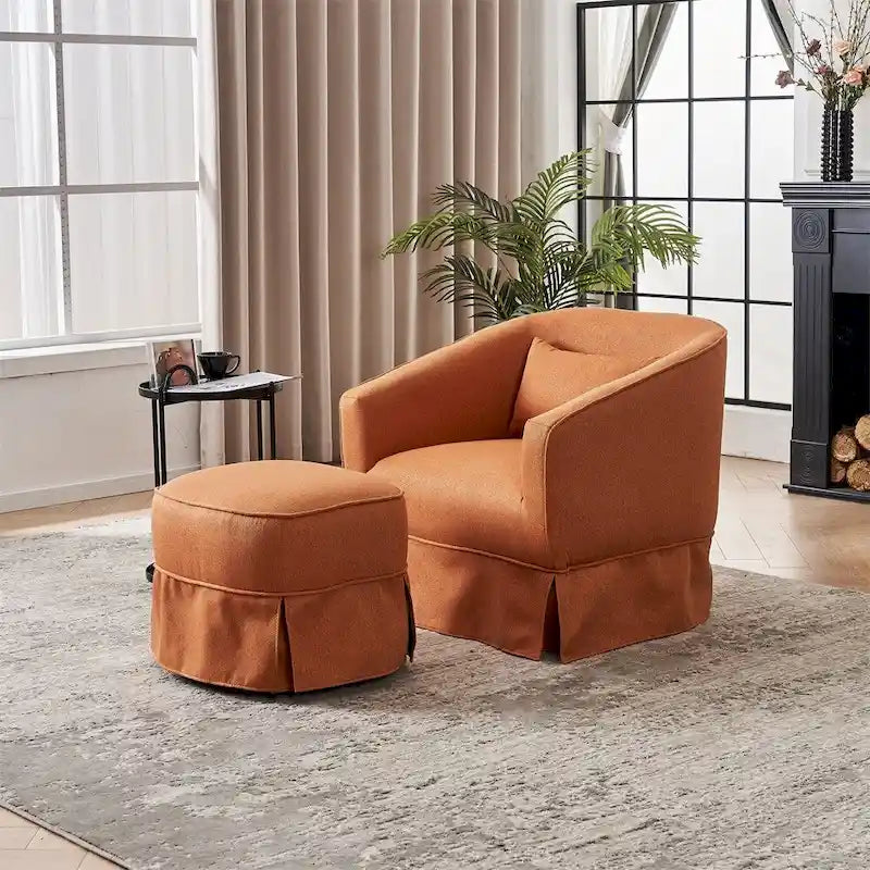 Fauteuil d'appoint pivotant en lin avec ottoman rond beige