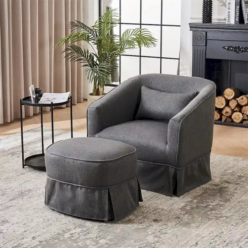 Fauteuil d'appoint pivotant en lin avec ottoman rond beige