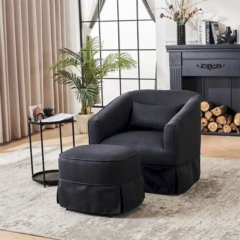 Fauteuil d'appoint pivotant en lin avec ottoman rond beige