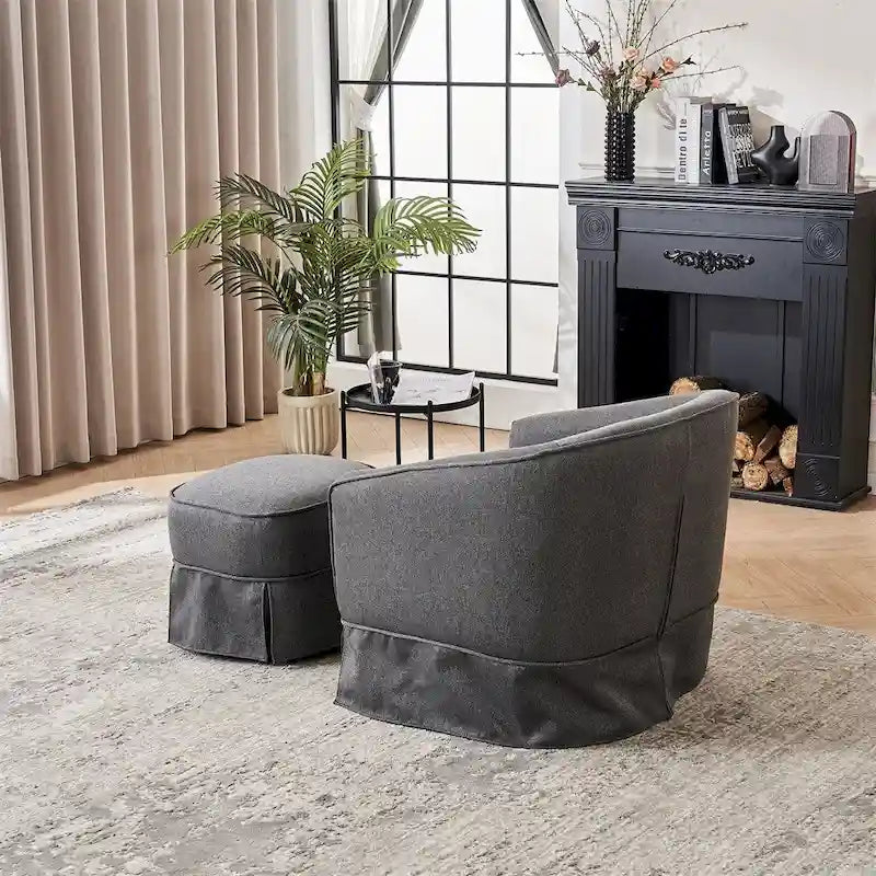 Fauteuil d'appoint pivotant en lin avec ottoman rond beige