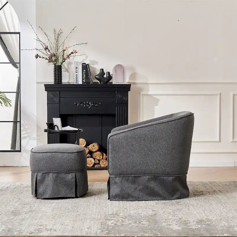 Fauteuil d'appoint pivotant en lin avec ottoman rond beige