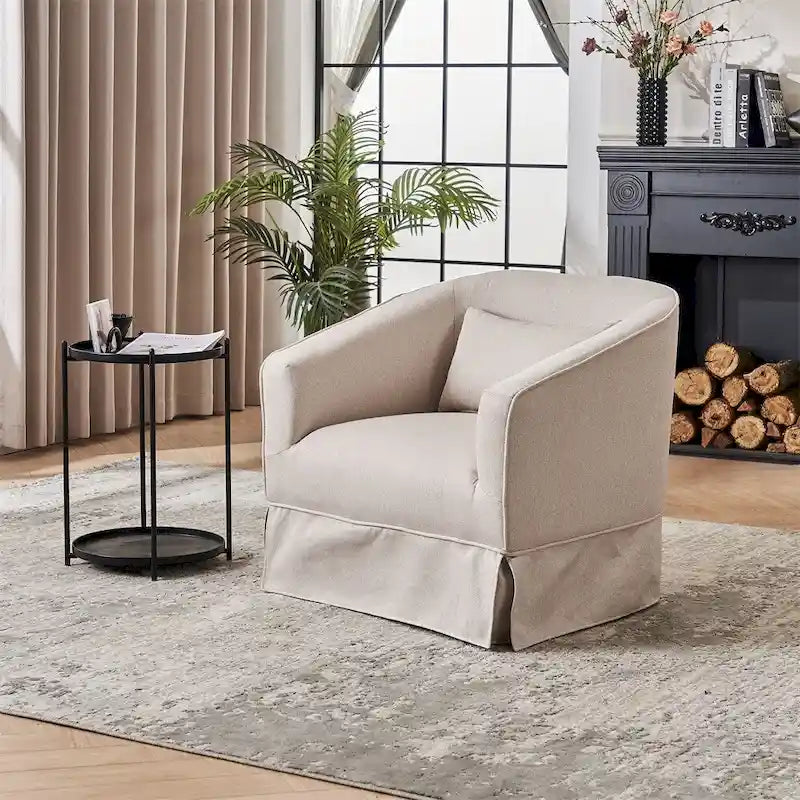 Fauteuil d'appoint pivotant en lin avec ottoman rond beige