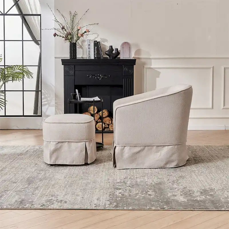 Fauteuil d'appoint pivotant en lin avec ottoman rond beige