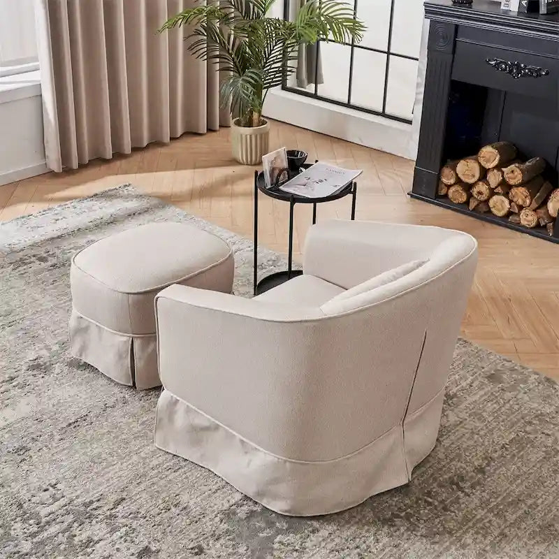 Fauteuil d'appoint pivotant en lin avec ottoman rond beige