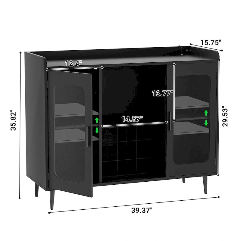 Buffet industriel noir avec lumières LED et casier à vin