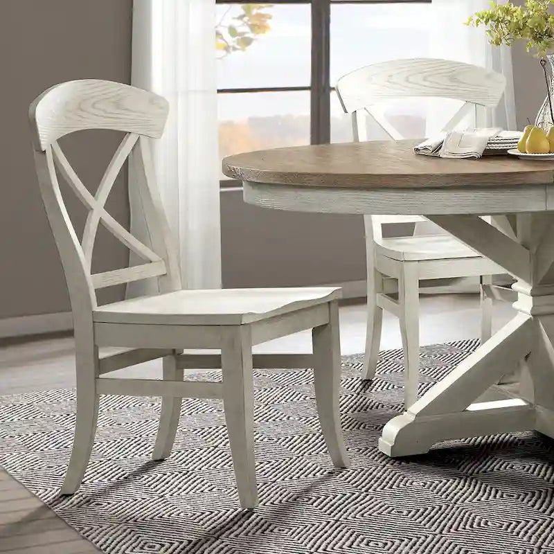 Chaise de salle à manger en bois massif à dossier en X, assise galbée, blanc fumé