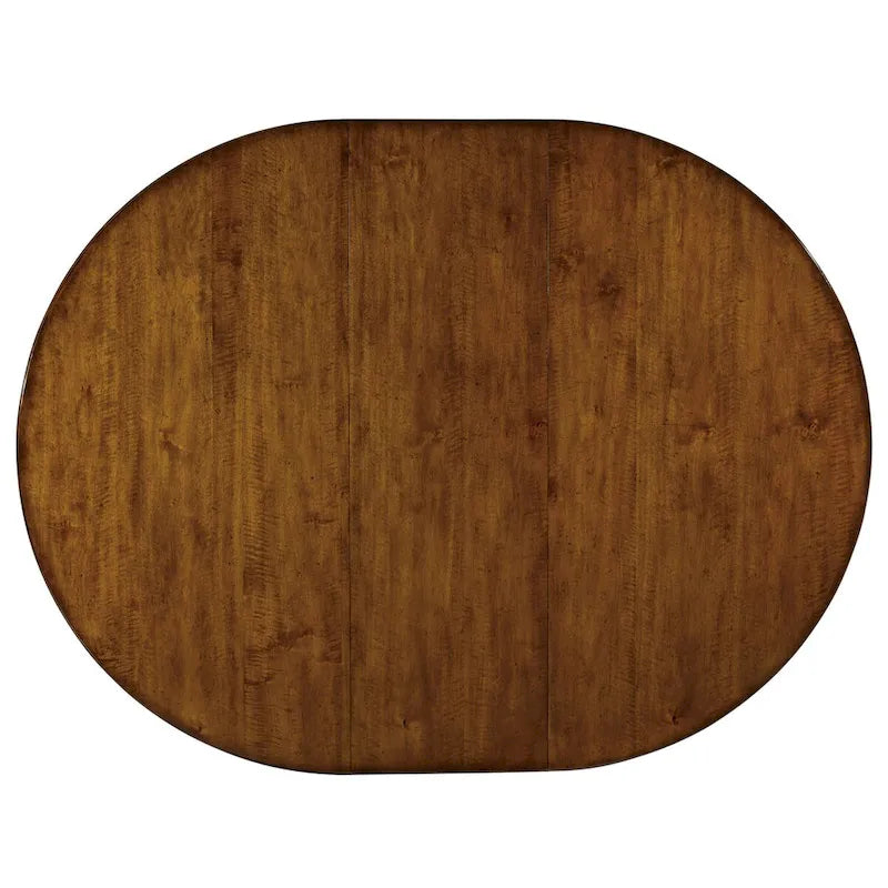 Table à manger ronde à rallonge avec pied central, en aulne finition châtaignier chaud, style traditionnel