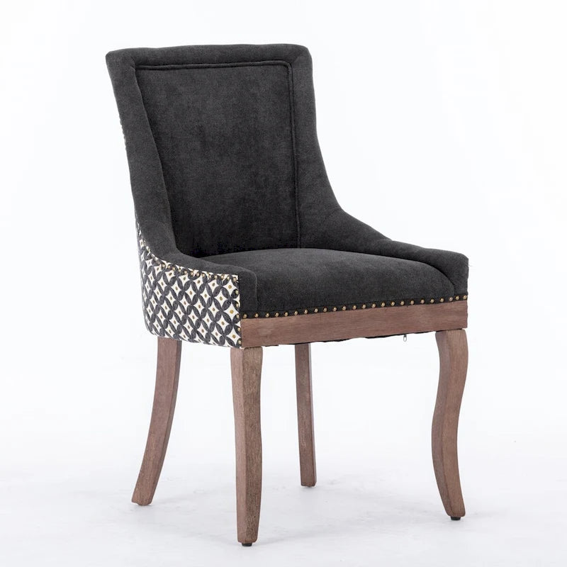 Chaise de salle à manger capitonnée à dossier haut, clous décoratifs bronze, pieds en bois massif, noire