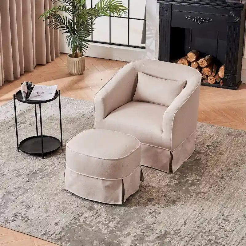 Fauteuil pivotant avec accoudoirs en lin et base en métal noir beige