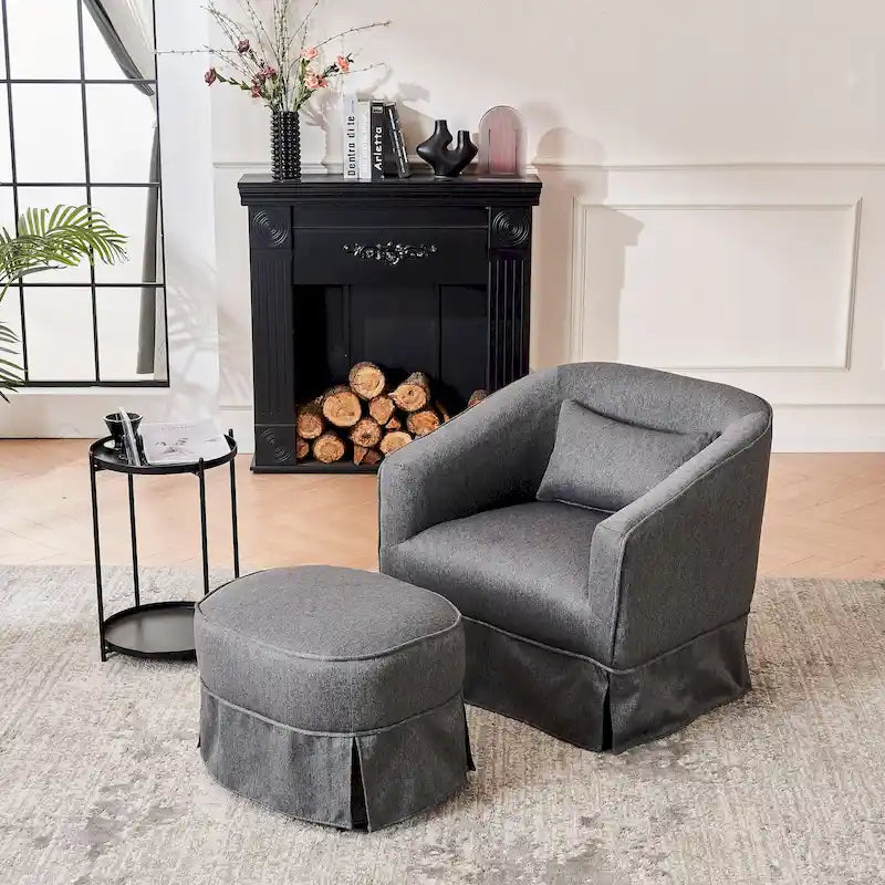 Fauteuil pivotant avec accoudoirs en lin et base en métal noir beige