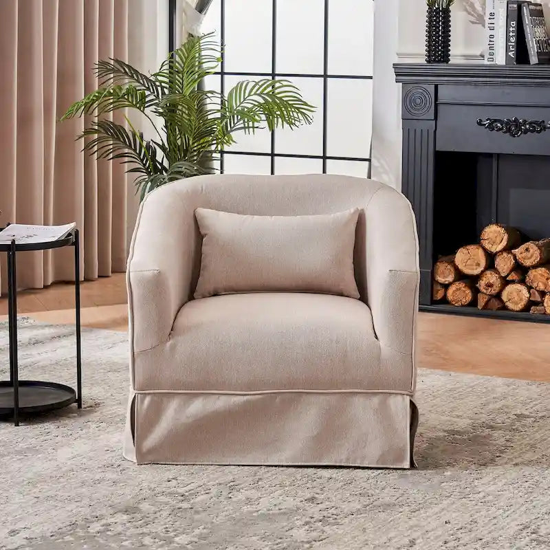 Fauteuil pivotant avec accoudoirs en lin et base en métal noir beige