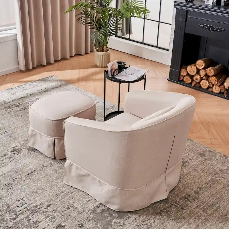 Fauteuil pivotant avec accoudoirs en lin et base en métal noir beige
