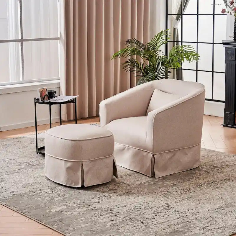 Fauteuil pivotant avec accoudoirs en lin et base en métal noir beige