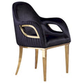 Fauteuil rembourré en velours noir avec accoudoirs dorés découpés