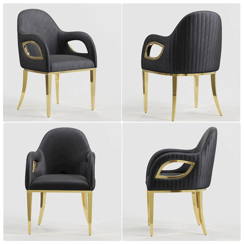 Fauteuil rembourré en velours noir avec accoudoirs dorés découpés