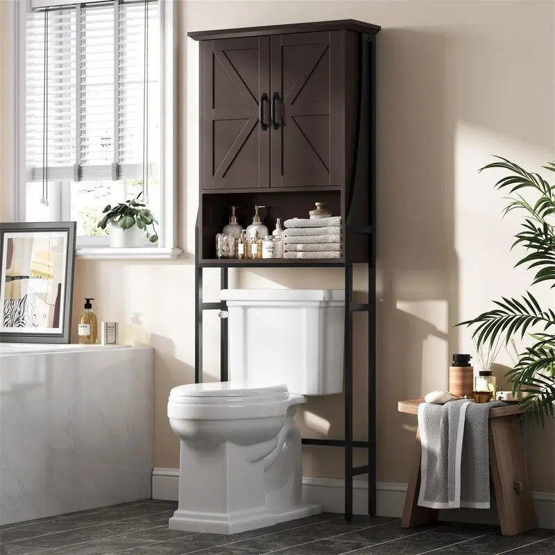 Meuble de rangement de salle de bain au-dessus des toilettes avec portes de grange Étagère ouverte Cadre en métal noir Blanc crème