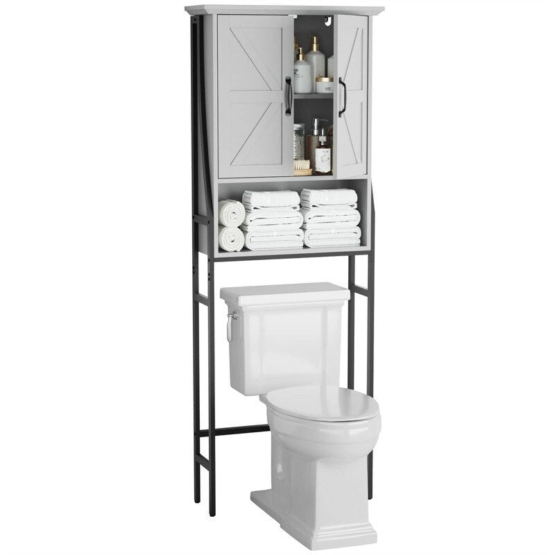 Meuble de rangement de salle de bain au-dessus des toilettes avec portes de grange Étagère ouverte Cadre en métal noir Blanc crème