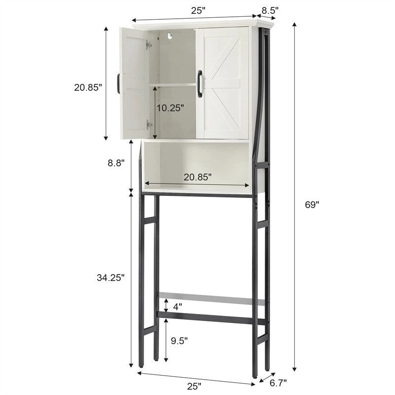 Meuble de rangement de salle de bain au-dessus des toilettes avec portes de grange Étagère ouverte Cadre en métal noir Blanc crème