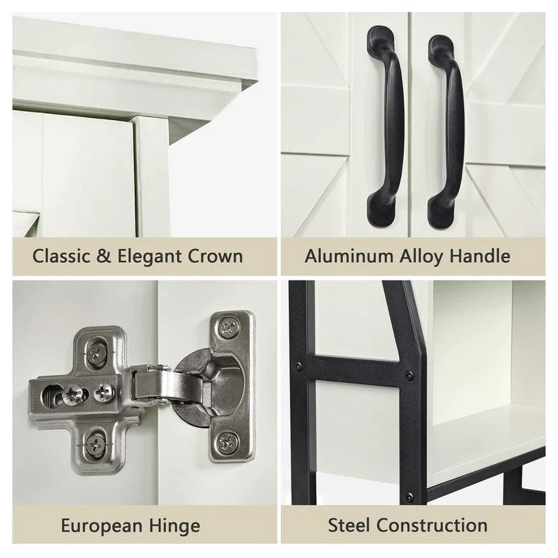 Meuble de rangement de salle de bain au-dessus des toilettes avec portes de grange Étagère ouverte Cadre en métal noir Blanc crème