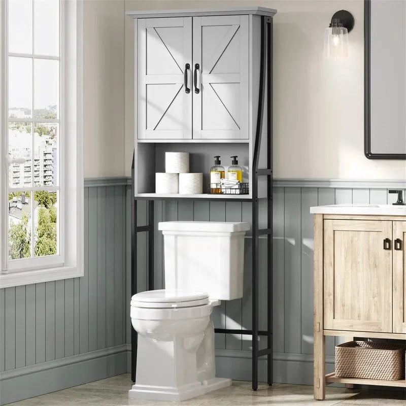 Meuble de rangement de salle de bain au-dessus des toilettes avec portes de grange Étagère ouverte Cadre en métal noir Blanc crème