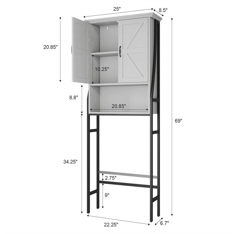 Meuble de rangement de salle de bain au-dessus des toilettes avec portes de grange Étagère ouverte Cadre en métal noir Blanc crème
