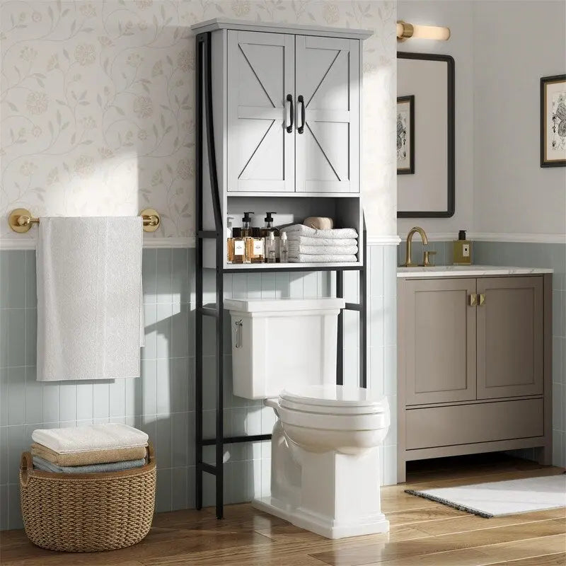 Meuble de rangement de salle de bain au-dessus des toilettes avec portes de grange Étagère ouverte Cadre en métal noir Blanc crème