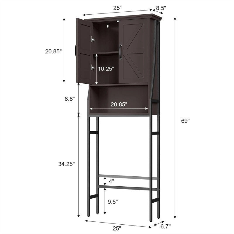 Meuble de rangement de salle de bain au-dessus des toilettes avec portes de grange Étagère ouverte Cadre en métal noir Blanc crème