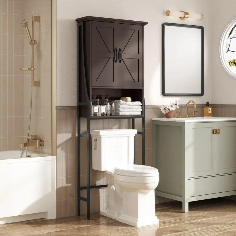 Meuble de rangement de salle de bain au-dessus des toilettes avec portes de grange Étagère ouverte Cadre en métal noir Blanc crème
