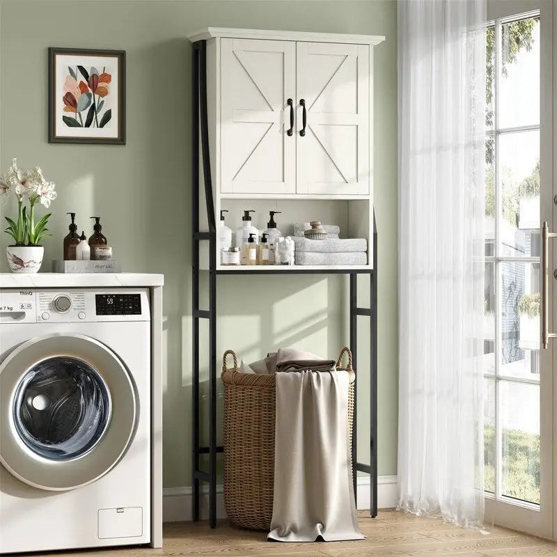 Meuble de rangement de salle de bain au-dessus des toilettes avec portes de grange Étagère ouverte Cadre en métal noir Blanc crème