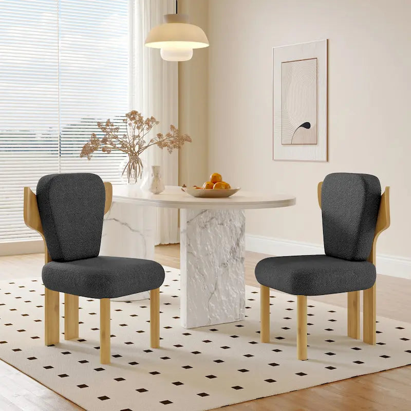 Chaise de salle à manger capitonnée en tissu peluche Wingback avec pieds en bois massif