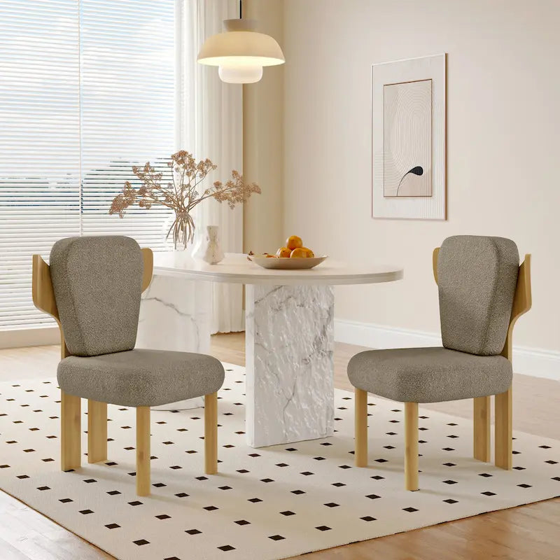 Chaise de salle à manger capitonnée en tissu peluche Wingback avec pieds en bois massif