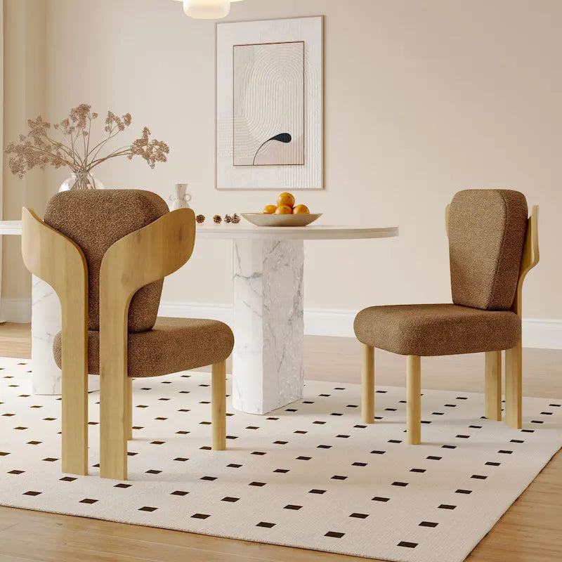 Chaise de salle à manger capitonnée en tissu peluche Wingback avec pieds en bois massif