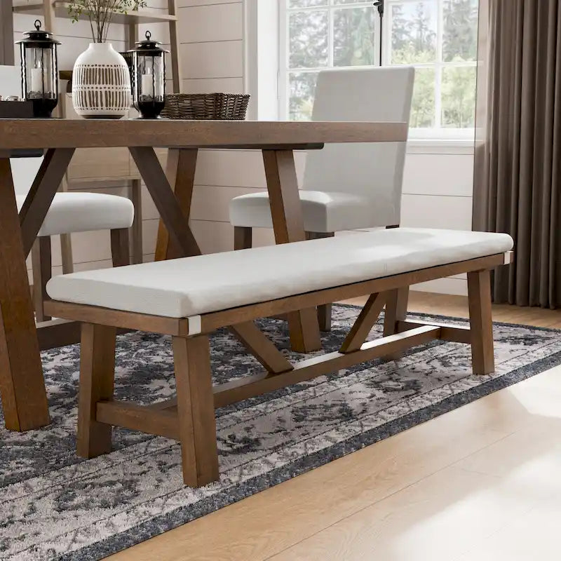 Banc de salle à manger rustique bicolore en ivoire avec piètement tréteau style ferme