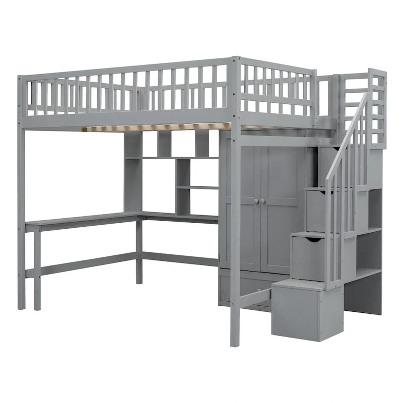 Lit mezzanine deux places en pin avec bureau et rangement